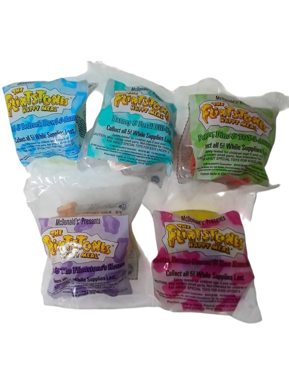 The Flintstones McDonalds Happy Meal Toys Complete Set 5 Sealed Packages 1993 D4